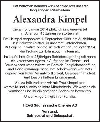 Traueranzeige von Alexandra Kimpel von Echo-Zeitungen (Gesamtausgabe)