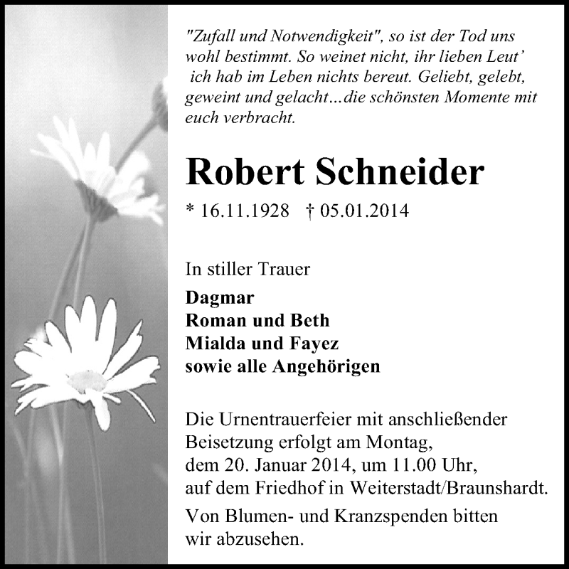  Traueranzeige für Robert Schneider vom 11.01.2014 aus Echo-Zeitungen (Gesamtausgabe)