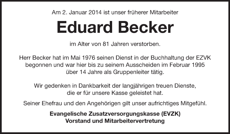  Traueranzeige für Eduard Becker  vom 11.01.2014 aus Echo-Zeitungen (Gesamtausgabe)