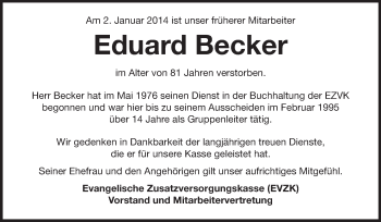 Traueranzeige von Eduard Becker  von Echo-Zeitungen (Gesamtausgabe)