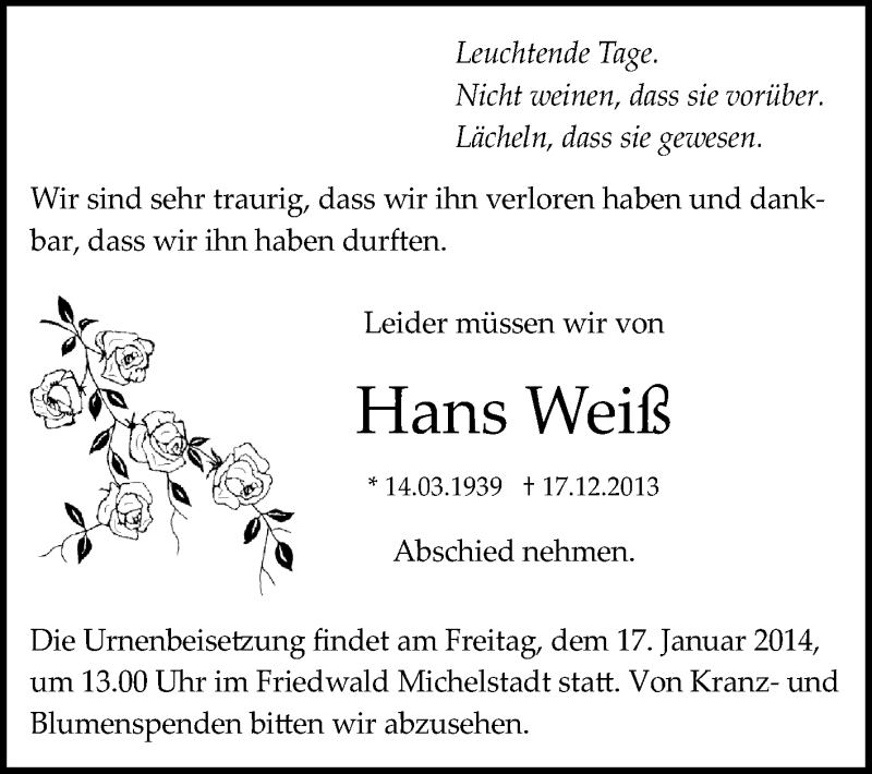 Traueranzeige für Hans Weiß vom 13.01.2014 aus Echo-Zeitungen (Gesamtausgabe)