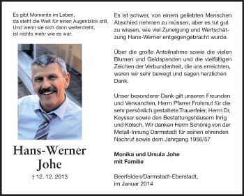 Traueranzeige von Hans-Werner Johe von Echo-Zeitungen (Gesamtausgabe)