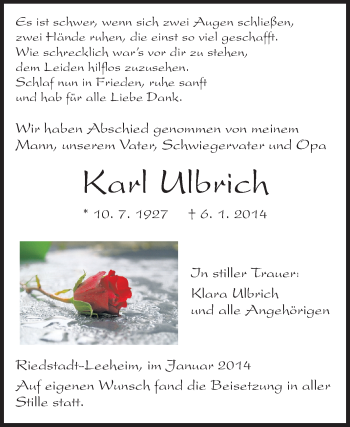Traueranzeige von Karl Ulbrich von Echo-Zeitungen (Gesamtausgabe)