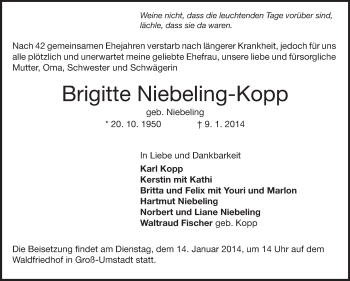 Traueranzeige von Brigitte Niebeling-Kopp von Echo-Zeitungen (Gesamtausgabe)