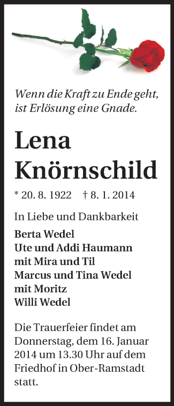 Traueranzeige von Lena Knörnschild von Echo-Zeitungen (Gesamtausgabe)