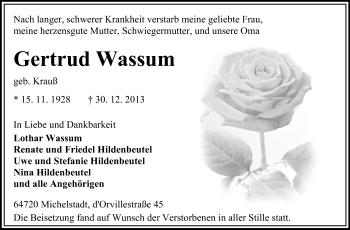 Traueranzeige von Gertrud Wassum von Odenwälder Echo