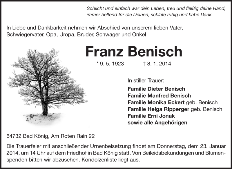  Traueranzeige für Franz Benisch vom 18.01.2014 aus Odenwälder Echo