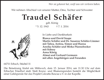 Traueranzeige von Traudel Schäfer von Odenwälder Echo