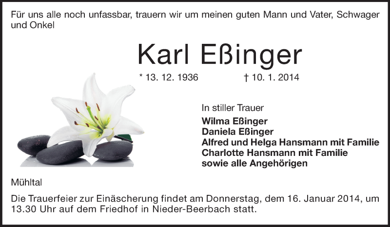  Traueranzeige für Karl Eßinger vom 13.01.2014 aus Echo-Zeitungen (Gesamtausgabe)