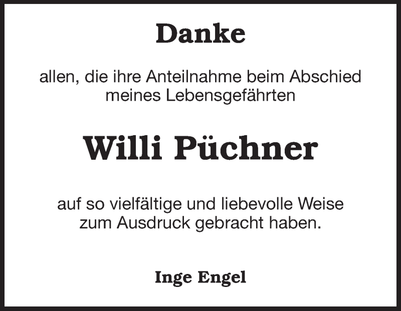  Traueranzeige für Willi Püchner vom 13.01.2014 aus Rüsselsheimer Echo, Groß-Gerauer-Echo, Ried Echo