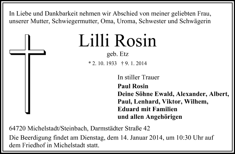  Traueranzeige für Lilli Rosin vom 13.01.2014 aus Odenwälder Echo