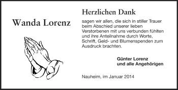Traueranzeige von Wanda Lorenz von Rüsselsheimer Echo, Groß-Gerauer-Echo, Ried Echo