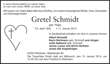 Traueranzeige von Gretel Schmidt von Echo-Zeitungen (Gesamtausgabe)