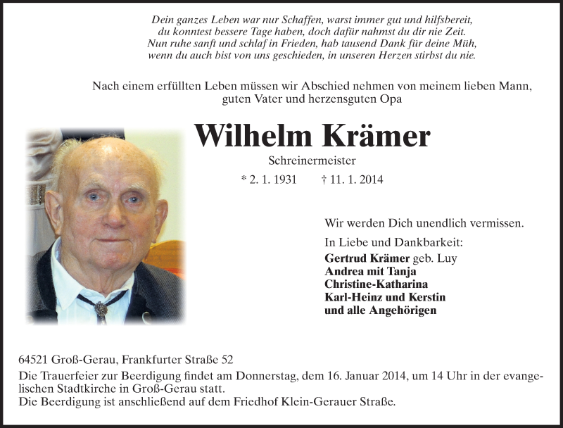  Traueranzeige für Wilhelm Krämer vom 14.01.2014 aus Rüsselsheimer Echo, Groß-Gerauer-Echo, Ried Echo