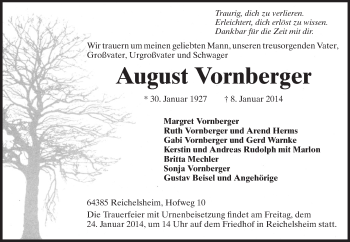 Traueranzeige von August Vornberger von Odenwälder Echo