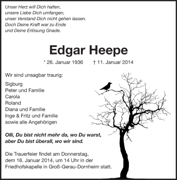 Traueranzeige von Edgar Heepe von Rüsselsheimer Echo, Groß-Gerauer-Echo, Ried Echo