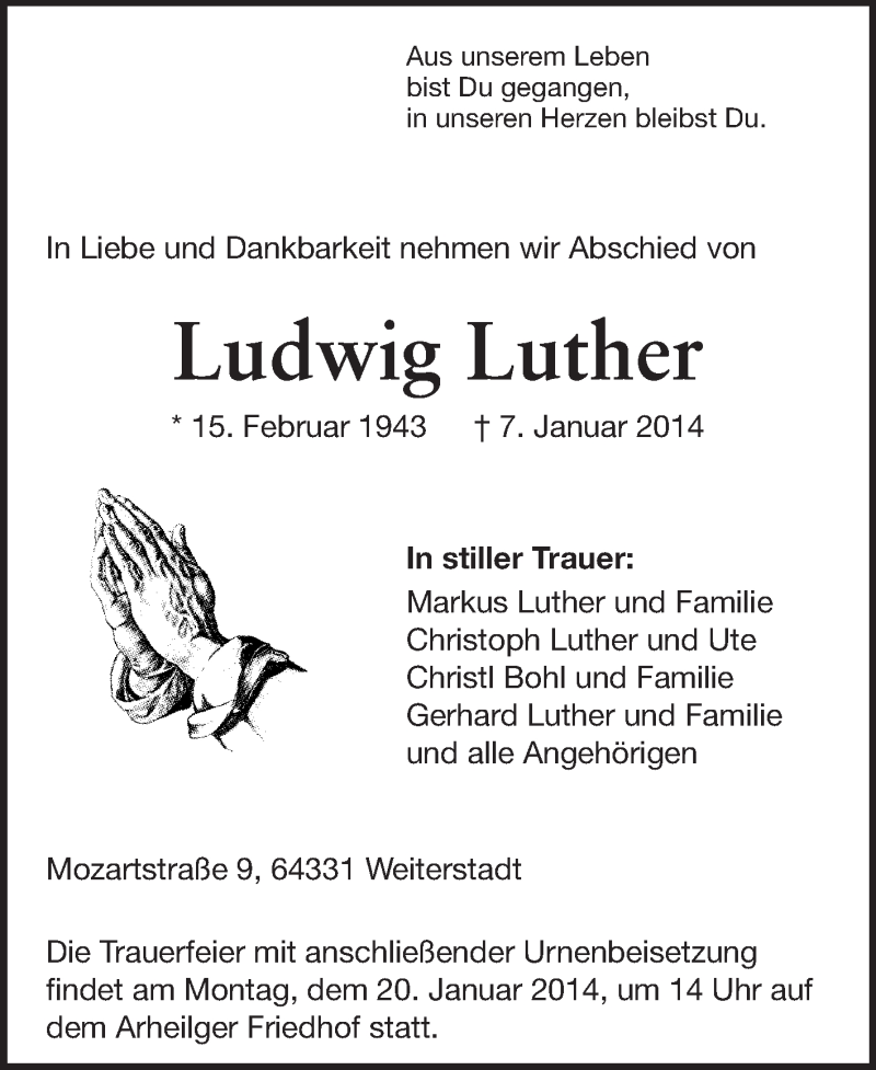  Traueranzeige für Ludwig Luther vom 15.01.2014 aus Echo-Zeitungen (Gesamtausgabe)
