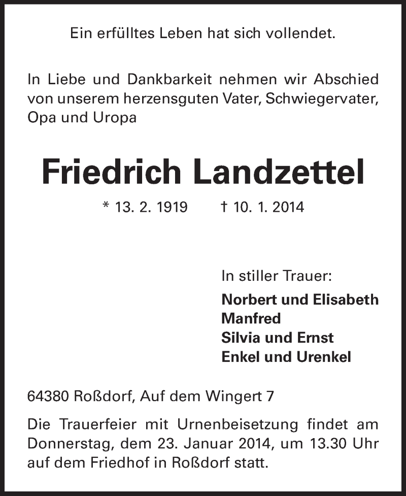  Traueranzeige für Friedrich Landzettel vom 18.01.2014 aus Echo-Zeitungen (Gesamtausgabe)