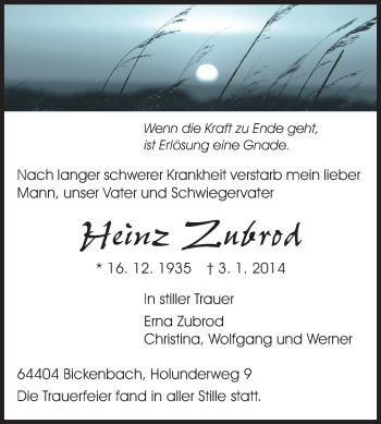 Traueranzeige von Heinz Zubod von Echo-Zeitungen (Gesamtausgabe)