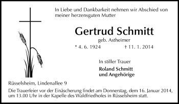 Traueranzeige von Gertrud Schmitt von Rüsselsheimer Echo, Groß-Gerauer-Echo, Ried Echo