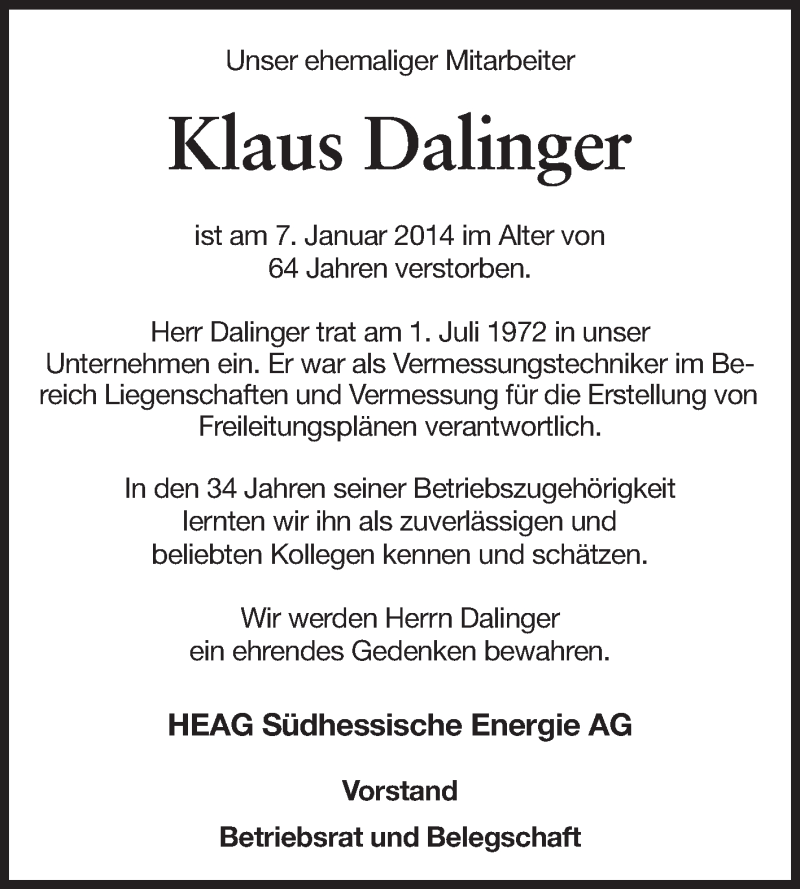  Traueranzeige für Klaus Dalinger vom 15.01.2014 aus Echo-Zeitungen (Gesamtausgabe)