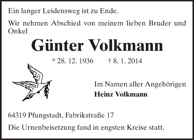  Traueranzeige für Günter Volkmann vom 25.01.2014 aus Echo-Zeitungen (Gesamtausgabe)