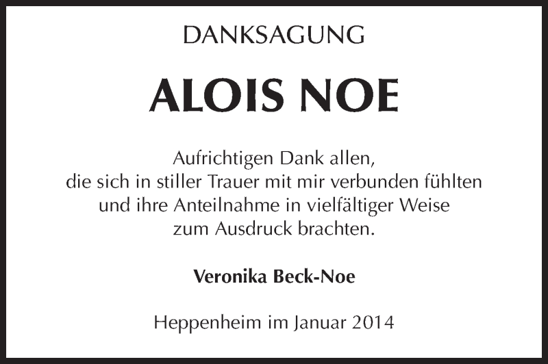  Traueranzeige für Alois Noe vom 17.01.2014 aus Starkenburger Echo