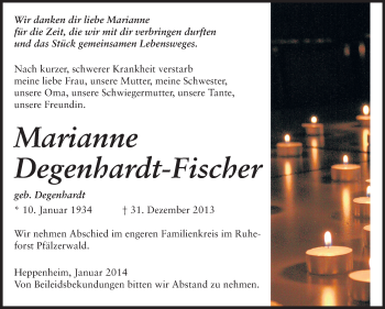 Traueranzeige von Marianne Degenhardt-Fischer von Starkenburger Echo