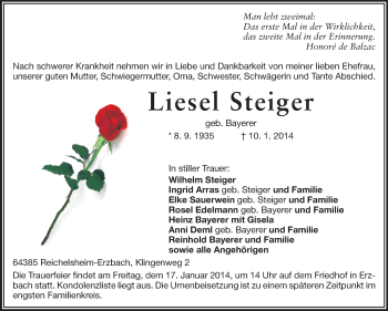 Traueranzeige von Liesel Steiger von Odenwälder Echo