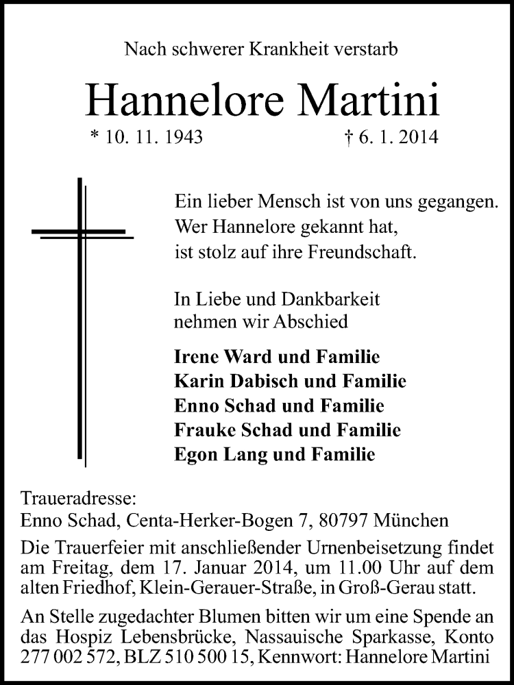  Traueranzeige für Hannelore Martini vom 15.01.2014 aus Rüsselsheimer Echo, Groß-Gerauer-Echo, Ried Echo