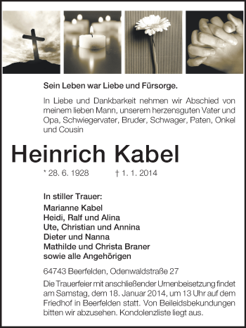 Traueranzeige von Heinrich Kabel von Odenwälder Echo