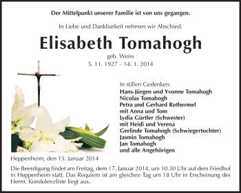 Traueranzeige von Elisabeth Tomahogh von Starkenburger Echo