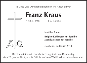 Traueranzeige von Franz Kraus von Rüsselsheimer Echo, Groß-Gerauer-Echo, Ried Echo