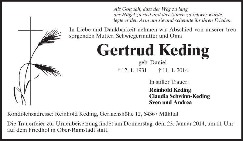  Traueranzeige für Gertrud Keding vom 18.01.2014 aus Echo-Zeitungen (Gesamtausgabe)