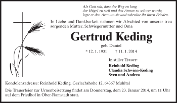 Traueranzeige von Gertrud Keding von Echo-Zeitungen (Gesamtausgabe)
