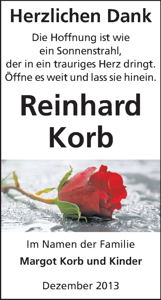  Traueranzeige für Reinhard Korb vom 18.01.2014 aus Rüsselsheimer Echo, Groß-Gerauer-Echo, Ried Echo