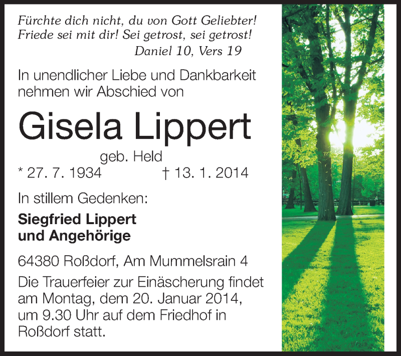  Traueranzeige für Gisela Lippert vom 16.01.2014 aus Echo-Zeitungen (Gesamtausgabe)