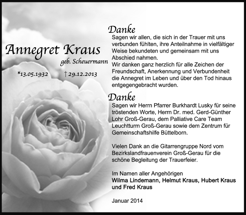  Traueranzeige für Annegret Kraus vom 18.01.2014 aus Rüsselsheimer Echo, Groß-Gerauer-Echo, Ried Echo