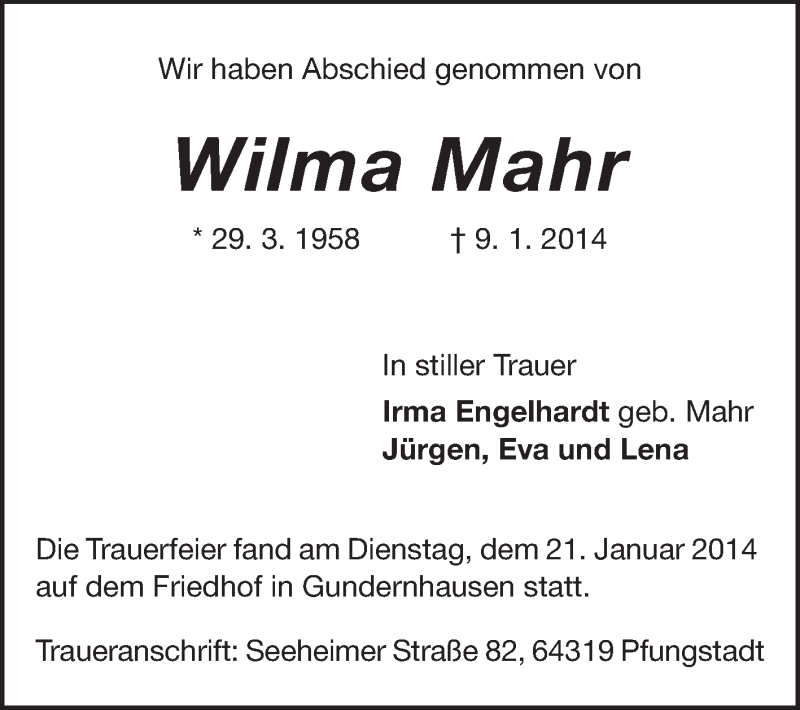  Traueranzeige für Wilma Mahr vom 22.01.2014 aus Echo-Zeitungen (Gesamtausgabe)