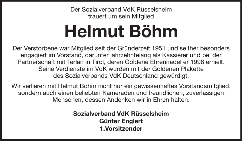  Traueranzeige für Helmut Böhm vom 16.01.2014 aus Rüsselsheimer Echo, Groß-Gerauer-Echo, Ried Echo