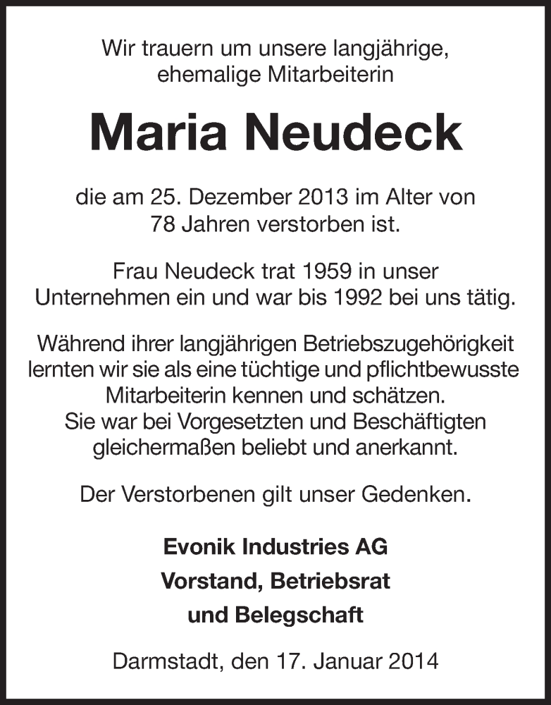  Traueranzeige für Maria Neudeck vom 17.01.2014 aus Echo-Zeitungen (Gesamtausgabe)