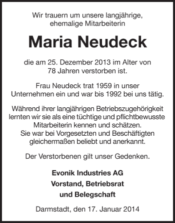 Traueranzeige von Maria Neudeck von Echo-Zeitungen (Gesamtausgabe)