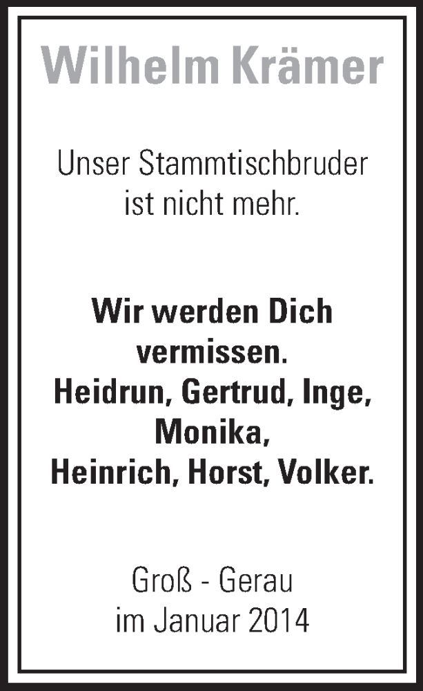  Traueranzeige für Wilhelm Krämer vom 16.01.2014 aus Rüsselsheimer Echo, Groß-Gerauer-Echo, Ried Echo