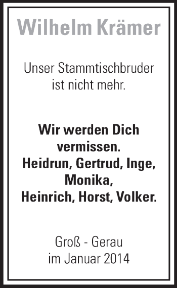 Traueranzeige von Wilhelm Krämer von Rüsselsheimer Echo, Groß-Gerauer-Echo, Ried Echo
