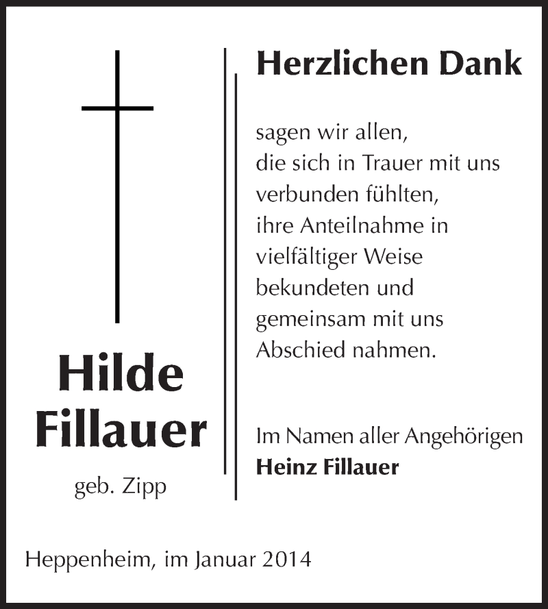  Traueranzeige für Fillhauer Hilde vom 17.01.2014 aus Starkenburger Echo