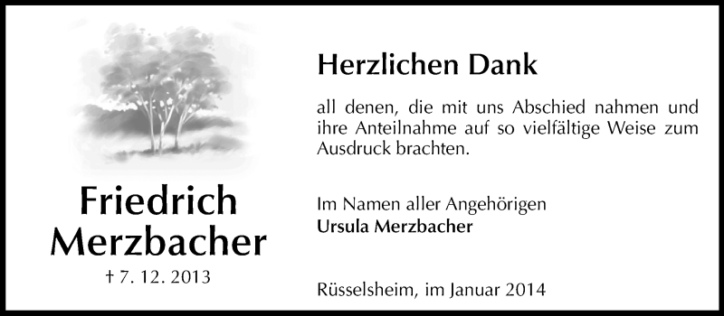  Traueranzeige für Friedrich Merzbacher vom 18.01.2014 aus Rüsselsheimer Echo, Groß-Gerauer-Echo, Ried Echo