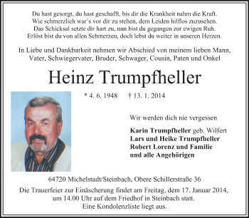 Traueranzeige von Heinz Trumpfheller von Odenwälder Echo