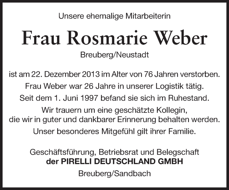  Traueranzeige für Rosmarie Weber vom 17.01.2014 aus Odenwälder Echo