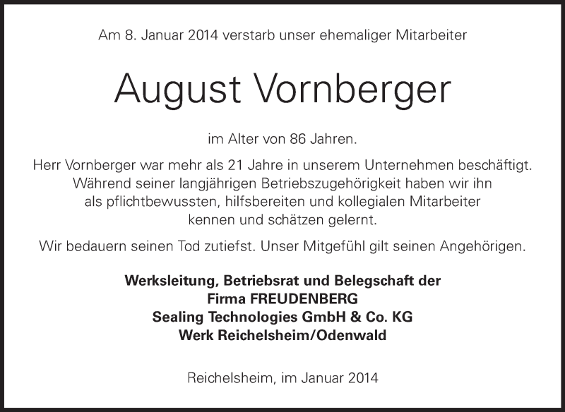  Traueranzeige für August Vornberger vom 24.01.2014 aus Odenwälder Echo