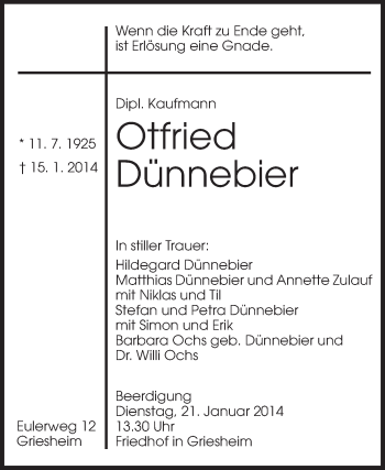 Traueranzeige von Otfried Dünnebier von Echo-Zeitungen (Gesamtausgabe)